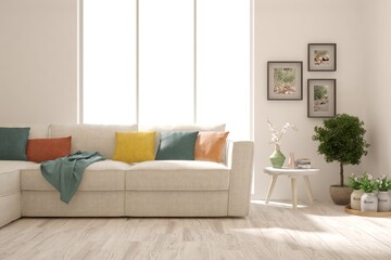 Soft color living room with sofa. Scandinavian interior design. 3D illustration