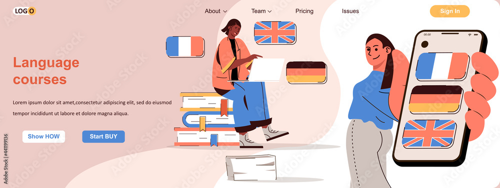 Fototapete language courses web concept. students learn foreign languages online or mobile app scene. banner te