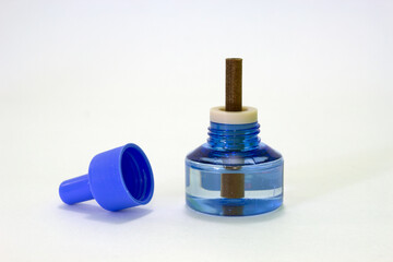 Mosquito repellent fumigator fluid. Protection from insects at home in the summer. On white background. A plastic bottle with a repellent.