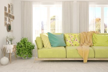 Fototapeta premium White living room with sofa. Scandinavian interior design. 3D illustration