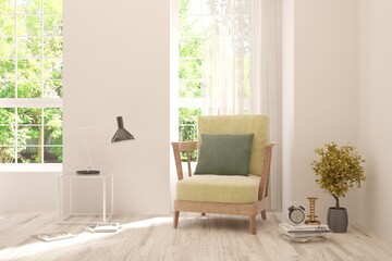 Fototapeta premium White living room with armchair and green landscape in window. Scandinavian interior design. 3D illustration