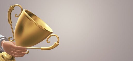 Trophy cup, 3D hand with trophy cup, business concept. 3d success render illustration	