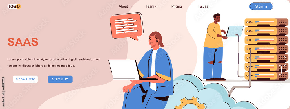 Leinwandbilder saas web concept. use of programs and software by subscription, cloud services scene. banner templat