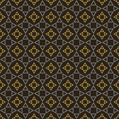 Trendy background pattern with geometric ornament on black background, wallpaper. Seamless pattern, texture