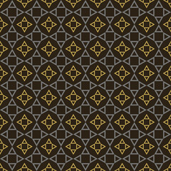 Trendy background pattern with geometric ornament on black background, wallpaper. Seamless pattern, texture