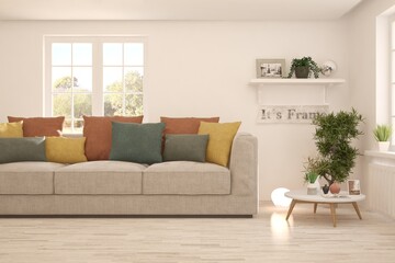 White living room with sofa. Scandinavian interior design. 3D illustration