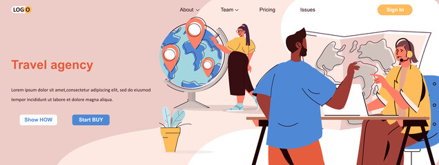 Travel agency web concept. Operator helps client to choose tourist tour at map scene. Banner template with flat line characters design. Vector illustration for social media promotional materials
