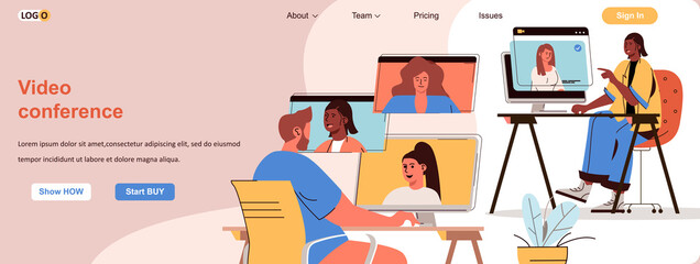 Video conference web concept. Online communication of friends, business meeting scene. Banner template with flat line characters design. Vector illustration for social media promotional materials
