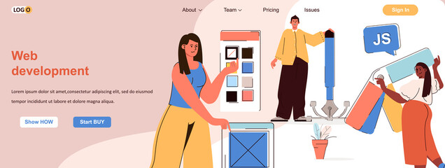 Web development concept. Developers create an interface, designers draw buttons scene. Banner template with flat line characters design. Vector illustration for social media promotional materials
