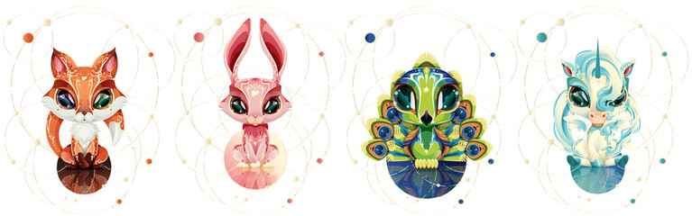 Wector illustration, magical animals blue peacock, pink rabbit, red fox and blue unicorn. Children's animal illustration.