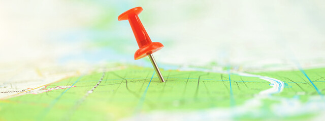 Location marking with red pin on map, travel and journey concept banner photo - Powered by Adobe