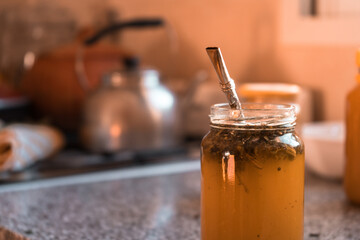 Home infusion with nettle and dandelion. Healthy tea.