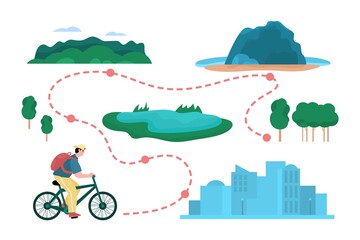 Bicycle trip with cyclist moving along route, flat vector illustration isolated.