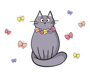 Cute gray cat in cartoon flat style. Cat in flowers. Vector illustration isolated on white background
