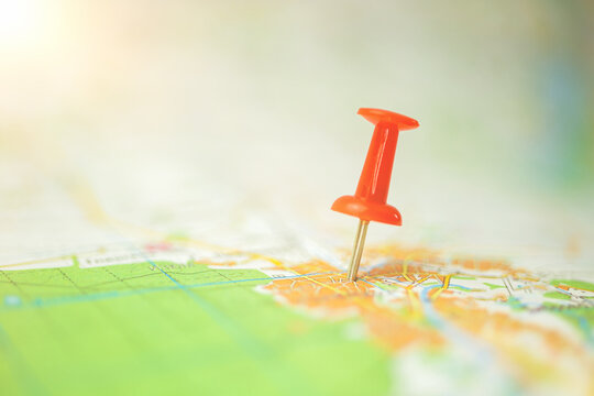 One pushpin on the city map, concept of navigation, location and destination, selective focus photo