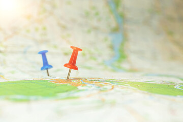 Travel map background with red and blue pin, red point marker concept for journey or world trip,...