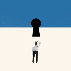 Make your choice. Business concept. Young manager, finance analyst or clerk in office suit isolated on white background. Collage, illustration