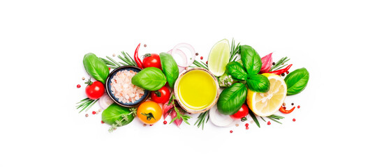 Spices and herbs. Tomato, basil, pepper, garlic, onion, thyme, lime, lemon, salt. Vegan healthy diet food on white banner background