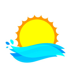 Sun icon, graphic symbol design template, big ocean waves, vector illustration