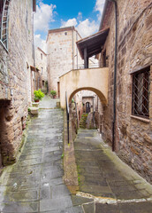 Sorano (Italy) - An ancient medieval hill town hanging from a tuff stone in province of Grosseto, Tuscany region, know as the Little Matera.