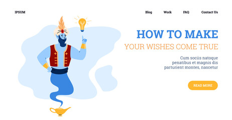 Website or landing page with smiling genie, cartoon vector illustration.