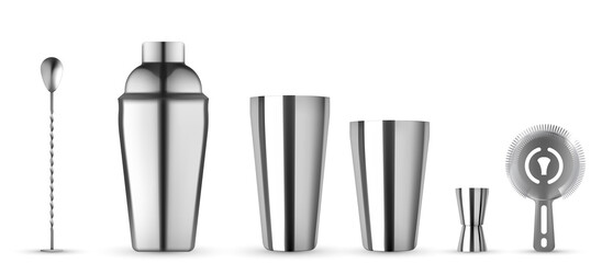 Bartender cocktail shaker Boston, Cobbler shaker, Parisian, Tin on Tin and Speedshaker. Bartending equipment Realistic mockup isolated.