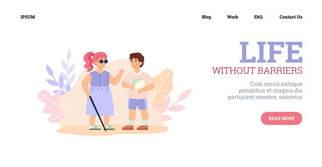 Website with disabled blind girl and healthy boy, cartoon vector illustration.
