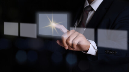 Businessman hand pushing on a touch screen interface. Choice concept.