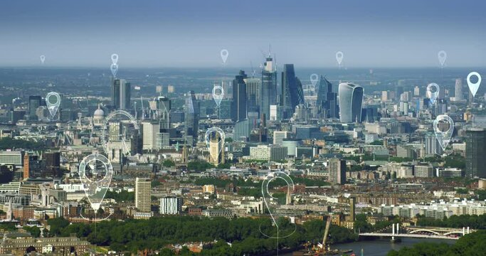Localization icons in a connected city. Aerial futuristic view of London skyline. Technology concept, data communication, artificial intelligence, internet of things, smart city. England.
