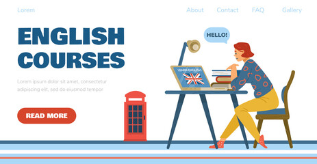 English Language online courses web banner template, flat vector illustration.