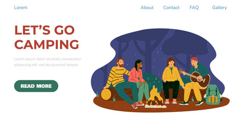 Website for camping rest with people by campfire, flat vector illustration.