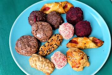 Various cookies served on the table. Close up traditional Turkish pastries, selective focus. It is called 