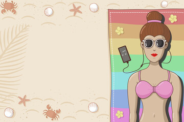 Woman in a swimsuit listening to music from her phone lies down on a rainbow colored mat at the beach. On the side there is an empty space of sand. There are sea creatures walking
