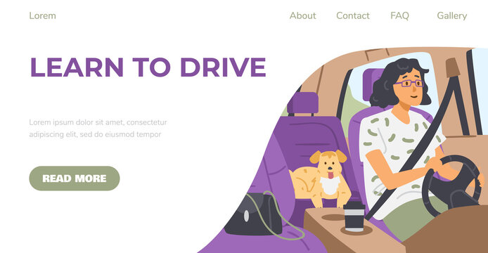 Website banner for driving school with woman driver, flat vector illustration.