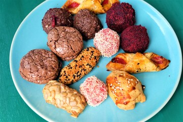 Various cookies served on the table. Close up traditional Turkish pastries, selective focus. It is called 