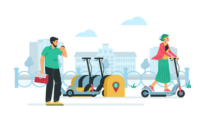 Eco electric transport rental station, flat vector illustration isolated.