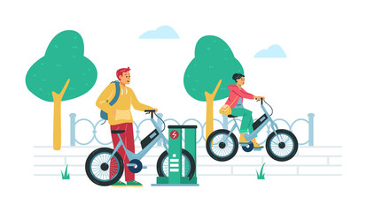 Eco friendly electric bike rental station, flat vector illustration isolated.