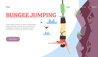 Bungee jumping sport website template with jumper, flat vector illustration.