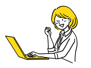 ノートパソコン 女性 仕事 成功 ガッツポーズ シンプル イラスト