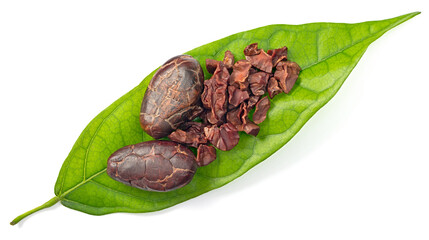 dried cocoa beans on the fresh cocoa leaf, isolated on white background, top view