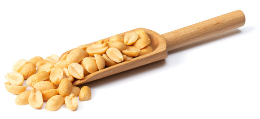 roasted peeled peanuts in the wooden scoop, isolated on white background