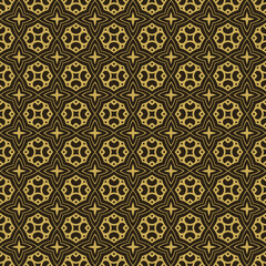 Elegant background pattern with gold decorative ornaments on black background, wallpaper. Seamless pattern, texture