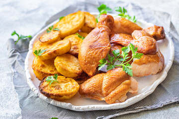 chicken and potatoes fried baked vegetable poultry meat dish on the table healthy meal snack copy space food background rustic 