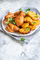 chicken and potatoes fried baked vegetable poultry meat dish on the table healthy meal snack copy space food background rustic 