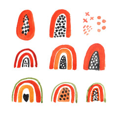 Rainbow watercolor set, isolated on white background. Summer rainbows stylized as exotic fruit papaya. Beautiful design for cards, kids print, poster, nursery decoration, logo.