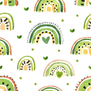 Watercolor hand painted seamless pattern with abstract rainbows stylized as kiwi fruit. Perfect summer illustration for apparel, fabric, textile, packaging, wrapping paper.