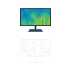 Monitor. Computer display with abstract wallpaper on screen. Flat and outline drawing vector illustrations.  Part of set.