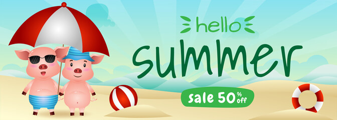 summer sale banner with a cute pig couple using umbrella in beach