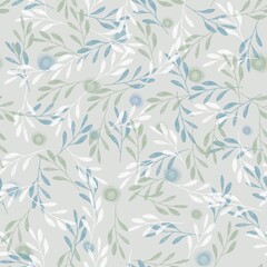 Abstract seamless pattern of colorful twigs with leaves on a gray background.