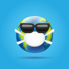 Vector earth globe smile sticker with mouth medical protection mask and sunglasses isolated on blue background. Earth character with white surgeon mask. Self isolation concept icon